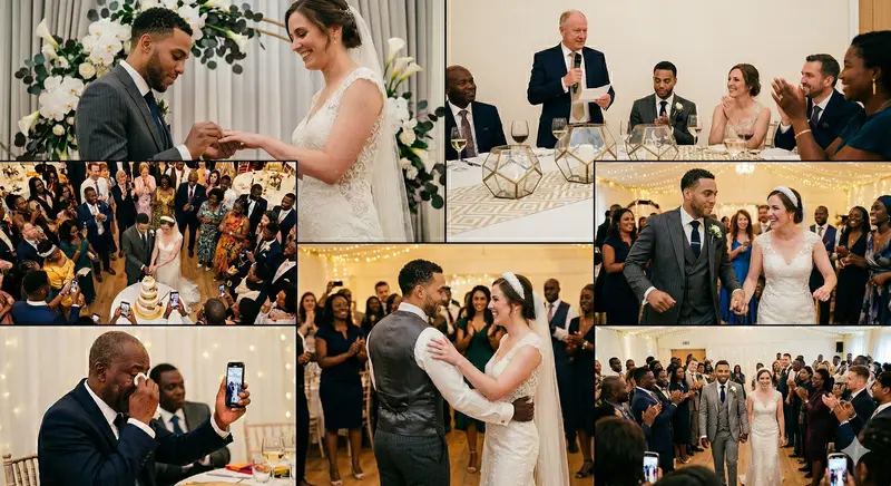 Wedding gallery showing multiple angles,ceremony, speeches, first dance, cake cutting, and candid guest moments all captured in one shared PhotoVibes gallery